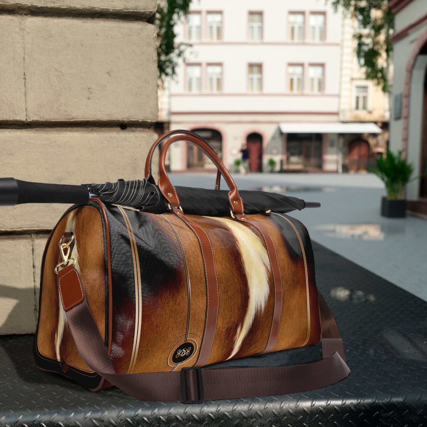 Horse Print Bag, PU Leather Bag, Animal Print Bag, Faux Leather Luggage, Brown Duffle Bag | 11222B