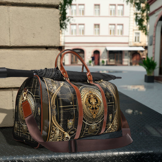 Black Baroque Bag, PU Leather Luggage, Waterproof Travel Bag, Gold Medallion Bag, Faux Leather Luggage | 100356